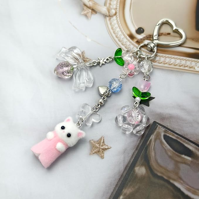 Cute Cat Keychain, Y2K Heart Bow Pendant, Kawaii Cat Bag Charm