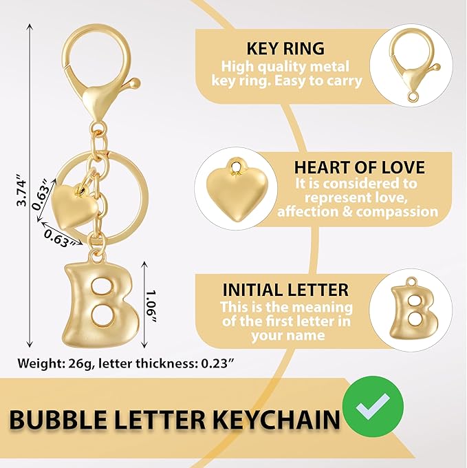 Heart Bubble Letter Keychain for Women, Girls - Cute Keychain with Initial - Alphabet Keychain for Bag Charm, Handbag