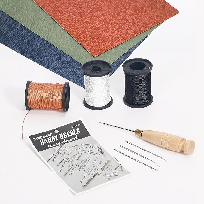 Nurkul 3-Spool Nylon Thread Sewing Kit, 80 Yards Each, Heavy Duty Needles (5 Straight, 2 Curved), Sewing Awl, Ideal for Upholstery, Leather, Shoes & DIY Crafts