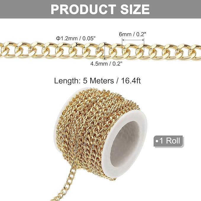 PATIKIL 16.4Ft Aluminium Curb Chains Twisted Links, 6x4.5mm Curb Chain Spool Jewelry Making Chains Craft Chain for Necklace Bracelet Earring, Gold