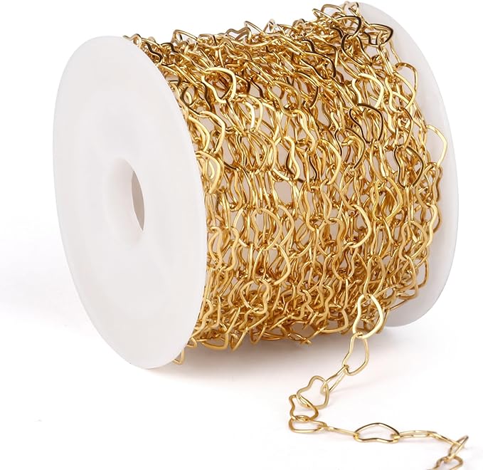 16.5FT Gold Heart Chains Roll, 3.5mm 18K Gold PVD Plated Stainless Steel Heart Link Chain Spool Bulk for Jewelry Making Necklace Bracelet