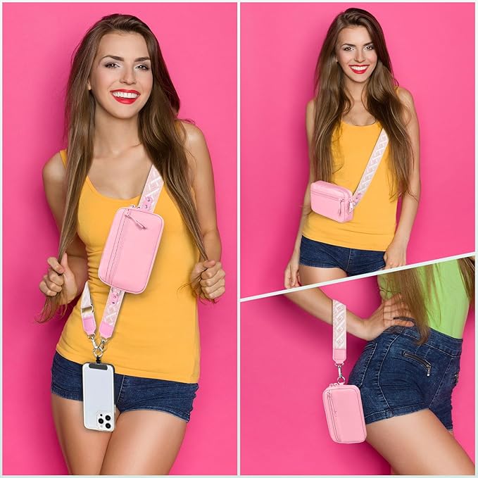 Clip and Go Strap for Phone with Wallet Crossbody, Adjustable Phone Lanyard with Detachable RFID Wristlet Wallet, Pattern Strap - Pink(L)