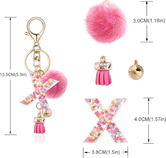 Resin Alphabet Initial Letter Keychain Keyring for Women Purse Handbags With Fur Ball Pom