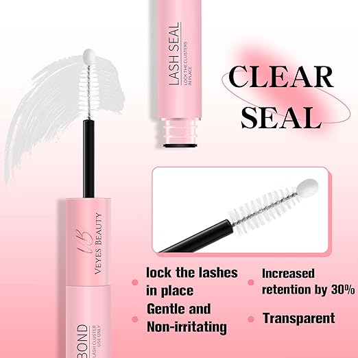VEYESBEAUTY Lash Bond and Seal Waterproof 2 in 1 Cluster Lash Glue for Eyelash Extensions Long Lasting Strong Hold Individual Eyelash Glue for Self-Application at Home 5ml+5ml