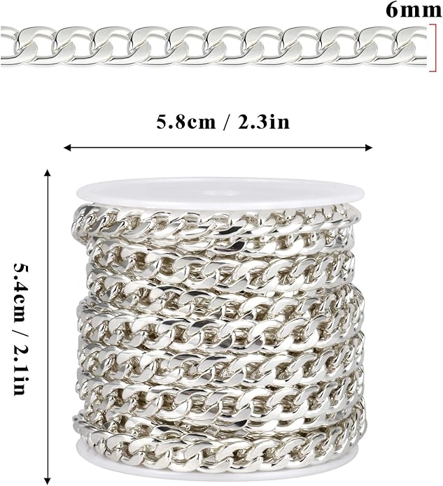 16.5 Ft Stainless Steel Curb Chains, 5mm 6mm 7mm 9mm Cuban Chain Roll Bulk for Jewelry Making