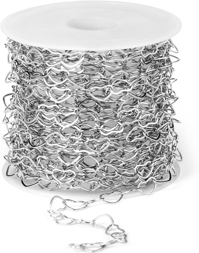 16.5FT Stainless Steel Heart Chain Roll, 304 Stainless Steel Heart Link Chain Spool Bulk for Jewelry Making Necklace Bracelet