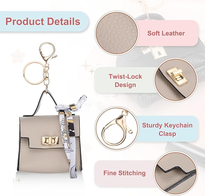 PATIKIL Mini Backpack Keychain, Cute Coin Purse Keychain PU Leather Backpack Purse Key Chain Little Earbud Bag Keychains for Women Mini Card Data Cable Organizer, Beige