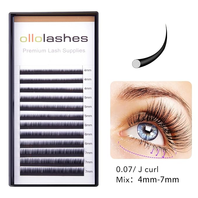 OLLOLASHES Bottom Lash Extension J Curl 0.15mm Mix4-7mm 4mm 5mm 6mm 7mm Black Color Lower Lash Extensions, Professional Supplies for Lash Techs (Bottom-J-0.15, 4-7mm)