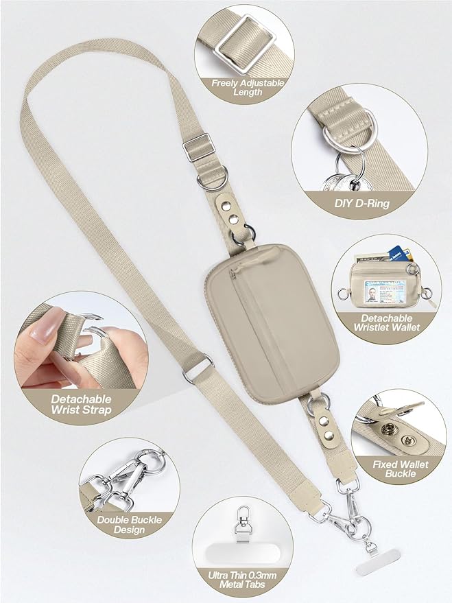 Clip and Go Strap for Phone with Wallet Crossbody Phone Lanyard Adjustable and Detachable RFID Wristlet Wallet with ID Window and Zipper, Khaki
