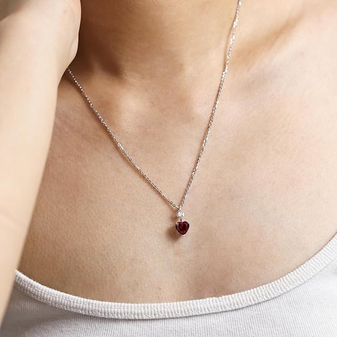 AGVANA Christmas Gifts 14K Solid White Gold Diamond Gemstone Pendant with Sterling Silver Chain 8mm Heart Birthstone Necklace Fine Jewelry Anniversary Birthday Gifts for Women Mom Wife
