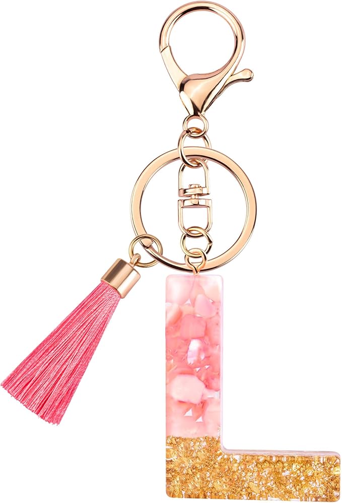 Suweibuke Cute Pink Key Chains for Women Girls, Initial Letter Keychains with Tassel, Charms for Key Purse Handbags Backpacks