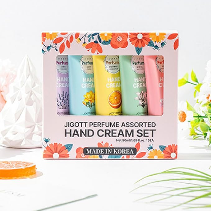 Perfume Hand Cream Gift Set for Women – 5 Scented Mini Lotions (Lavender, Citrus, Musk, Cherry Blossom, Freesia) – Moisturizing Non-Greasy Travel Size K-Beauty Hand Cream Set