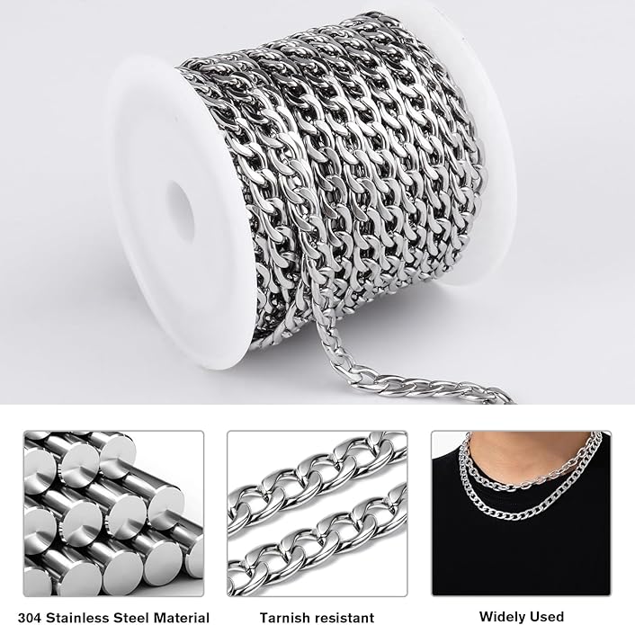 16.5 Ft Stainless Steel Curb Chains, 5mm 6mm 7mm 9mm Cuban Chain Roll Bulk for Jewelry Making