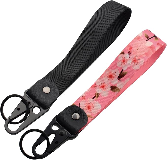 2 Pcs Classic Black & Floral Keychain Wristlet Lanyard for Women couples, Flower Wristlet Strap for Keys Hands-Free Wearable