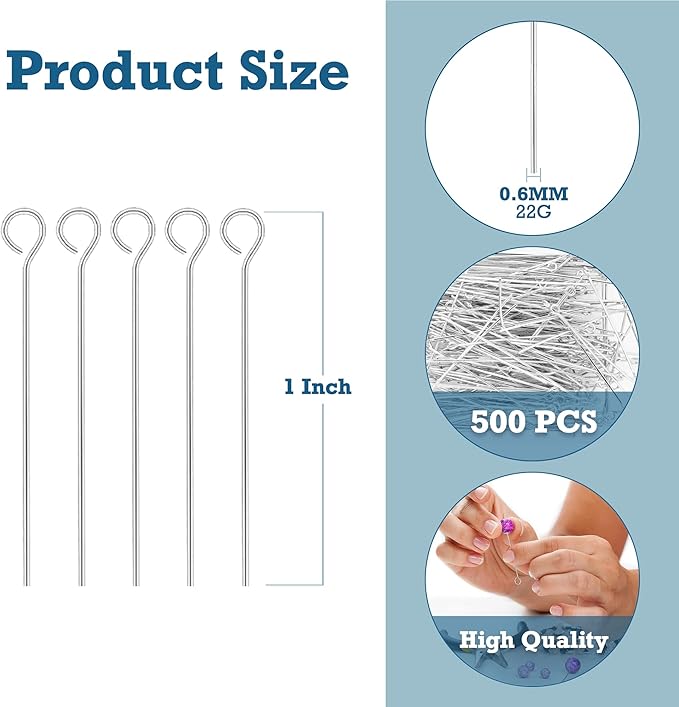 Mandala Crafts 500 1 Inch Silver Eye Pins for Jewelry Making Earring Making Supplies Jewelry Findings Open Eye Head Pins for Earrings DIY Bracelets Rosary Charms