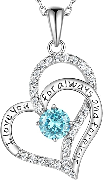 LynChoe Birthday Gifts Double Heart Birthstone Necklace for Women, S925 Sterling Silver Pendant Necklace Jewelry for Her Mother Mom Wife Girlfriend