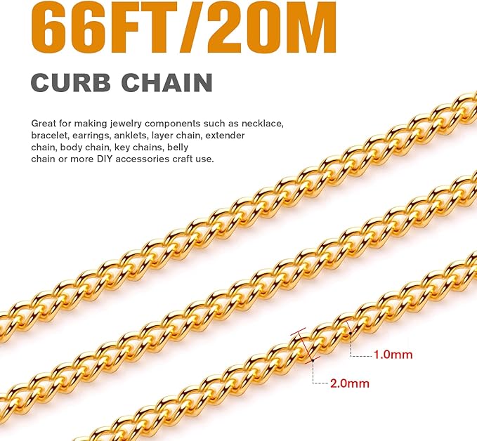 [66 Feet/ 20M] 18K Gold Plated Stainless Steel Curb Chain, 2mm 304 Stainless Steel Flat Twisted Links Curb Chains Bulk for Jewelry Making Necklace DIY Craft