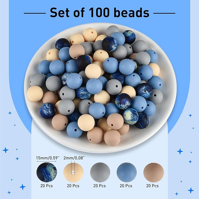 ASTARON 100 Pcs 15mm Silicone Beads for Keychain Making, Blue Grey Beads Bulk Round Beads for Bracelets Crafts Beadable Pens Decorations Jewelry Making Party Favors Supplies