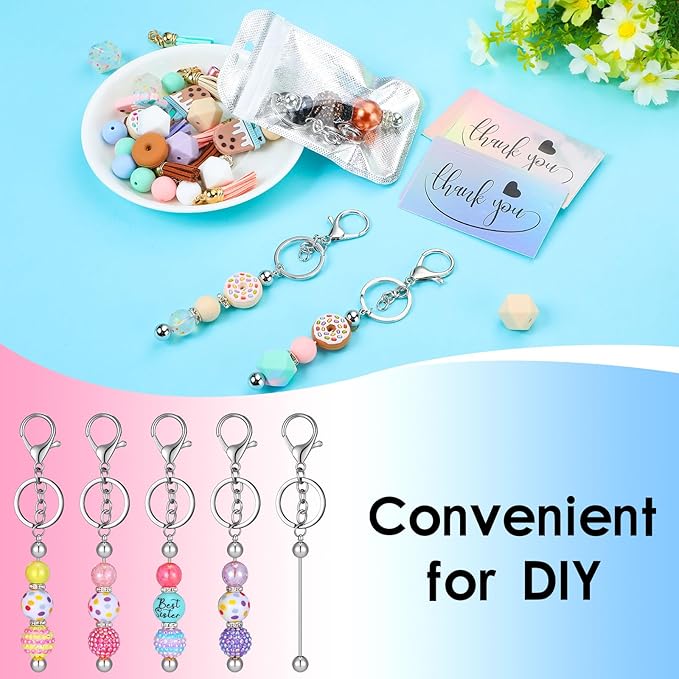 Sasylvia 30 Pcs Beadable Keychain Bars Bulk Making Kit Beaded Keychain Bag Thank You Cards for DIY Keyrings Charms