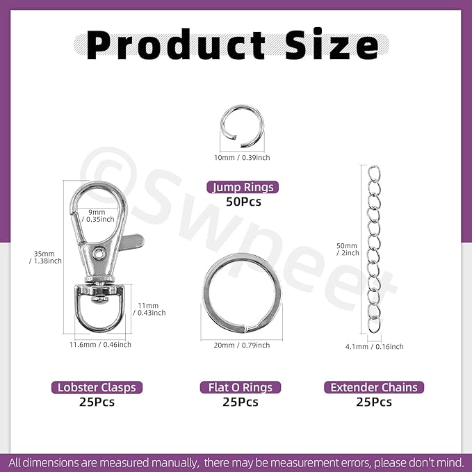 Swpeet 125Pcs Silver Keychain Making Set, 25Pcs Swivel Lanyard Snap Hook, 25Pcs Keychain Ring, 25P Extender Chains, 50P Open Jump Rings, Swivel Lobster Clasps, Keychains Clips