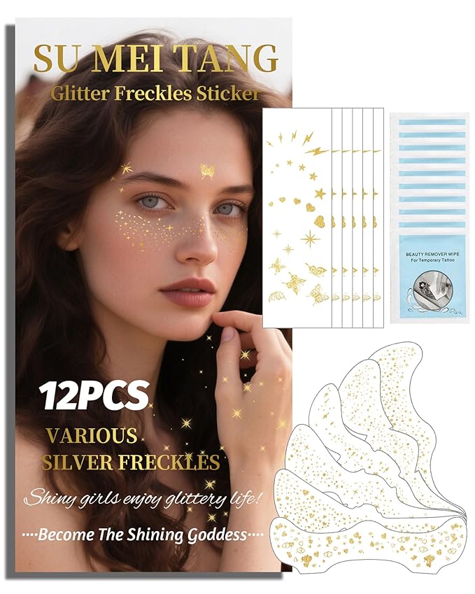 SUMEITANG Glitter Freckles Face Tattoo Patches - 12PCS Temporary Sparkle Face Stickers with 10 Remover Wipes | Waterproof Festival Rave Party Makeup Accessories for Women Girls (Gold)