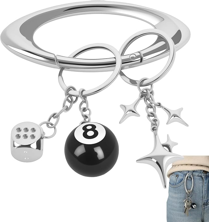 Large Star Carabiner Keychain 8 Ball Dice Charm Keychain Y2K Aesthetic Key Ring Cool Extra-Large Shiny Chrome
