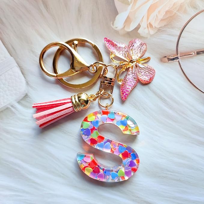 Cute Initial Letter Keychains for Women Girls Tassel Butterfly Pink Purple Green Keychain for Backpack School Bag