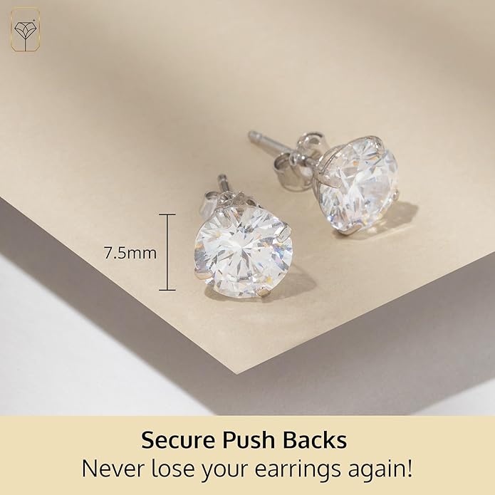 14k Gold Solitaire Round Cubic Zirconia Earrings Studs for Women & Men | Anti Tarnishing CZ Stud Earrings with 14k Gold Butterfly Pushbacks | 4MM-7.5MM by MAX + STONE