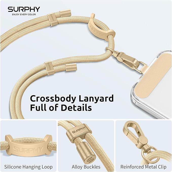 SURPHY Phone Lanyard, Adjustable Phone Strap Crossbody with 2 Pack Cell Phone Tether Tab, Premium Metal Buckles, Skin-Friendly, Universal Cell Phone Lanyard Crossbody for Women and Men, Khaki
