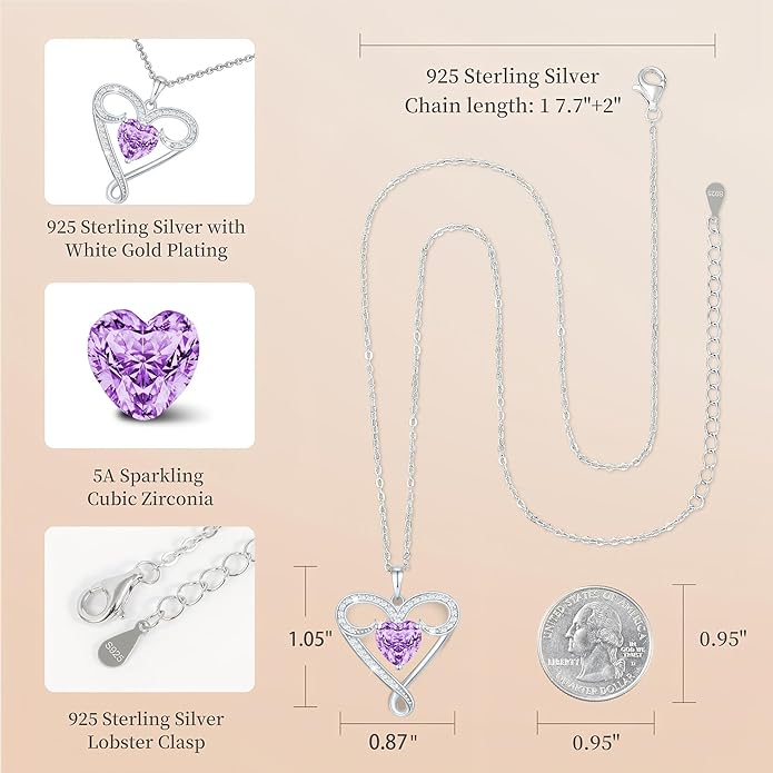 Yuelove Infinity Necklace for Women, 925 Sterling Silver Heart Necklace with 5A Zircon, White Gold Plated Adjustable Chain, Gift for Valentine's Day, Birthday, Anniversary for Wife, Girlfriend, Mom