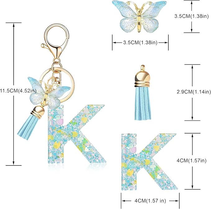 Fashion Alphabet Initial Letter Keychain Tassel Butterfly Pendant Key Ring for Purse Handbags Women Girl
