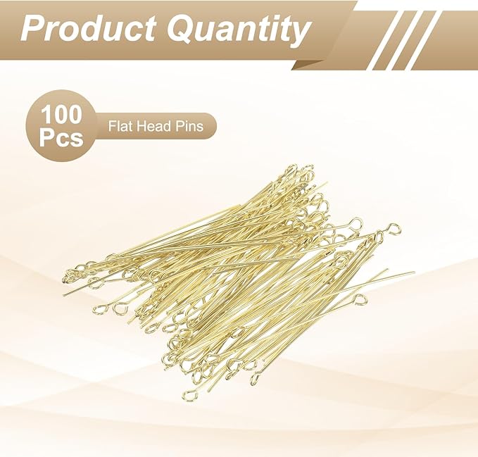 HARFINGTON 100pcs Open Eye Head Pins 1.97" 50mm Mini Metal Wire Eye Pins Beading Small Needles Bulk for Earring Pendant Necklace Bracelet Charm Jewelry Making Findings DIY Craft, 14K Gold