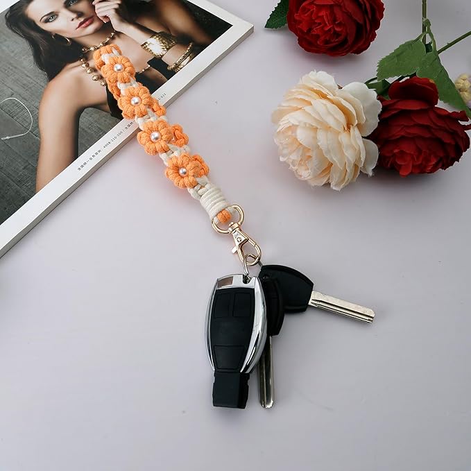 Macrame Keychain Handmade Wristlet Keychain Wrist Lanyard for Keys Cute flower keychain Key Chain for Women