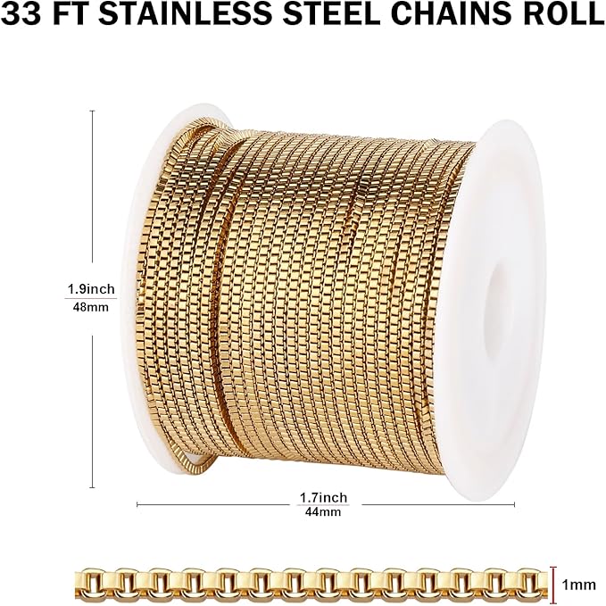 33FT Gold Box Chain for Jewelry Making 1MM Gold PVD Plated Staianless Steel Square Box Chain Roll Bulk for DIY Crafts Jewelry Making