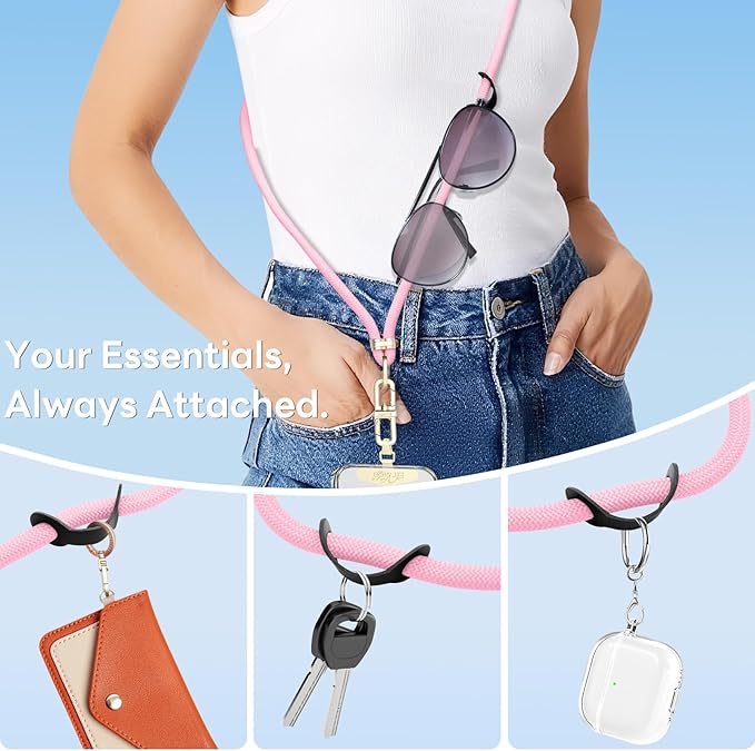 Adjustable Anti-Theft Phone Lanyard Neck & Crossbody Strap with 0.2mm Metal Tab & Comfort-Fit 8mm Rope (Light Pink)