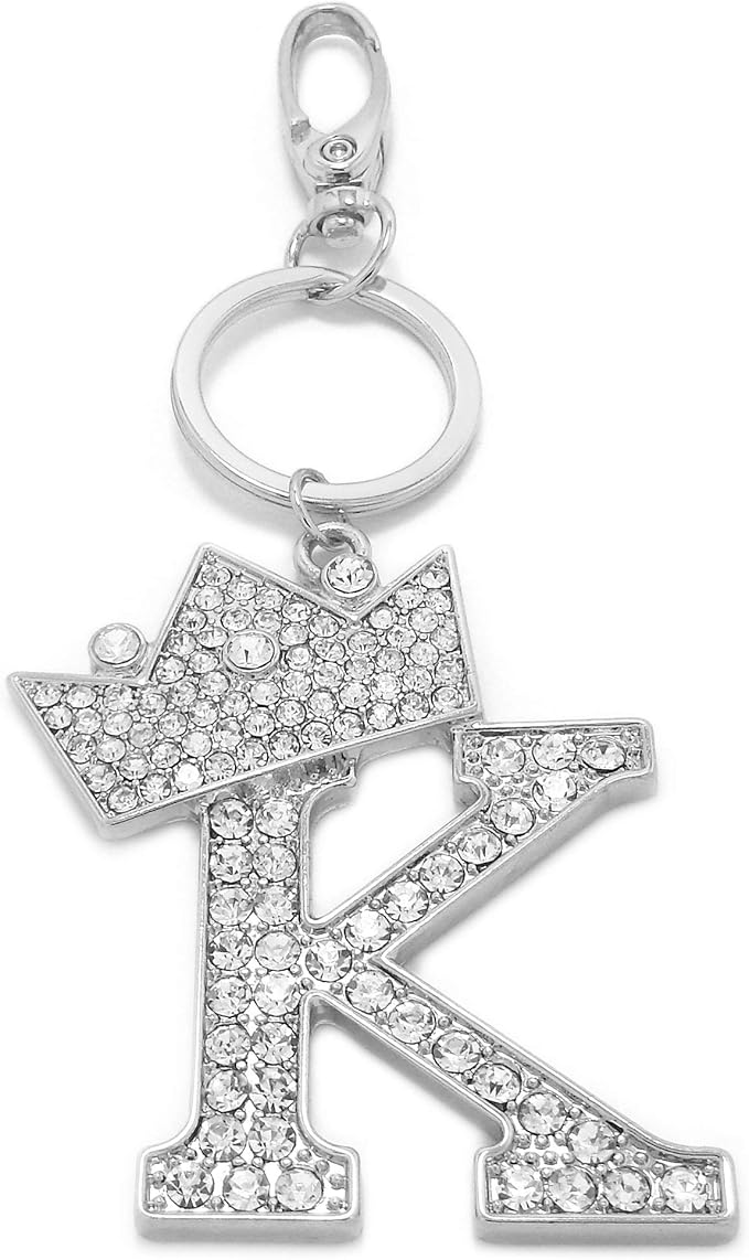 CBC Crown Crystal Rhinestone Letter Initial Keychain, Gold Metal, Bag Charm with Key Ring Approx. 2.17" x 2.56"