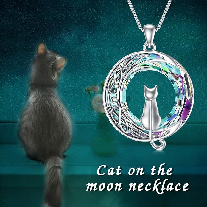 TOUPOP Cat Gifts for Cat Lovers One Two Three Four Cats Necklace Sterling Silver Cats on the Moon Pendant Necklace with Blue Circle Crystal Birthday Christmas Celtic Jewelry Gifts for Women