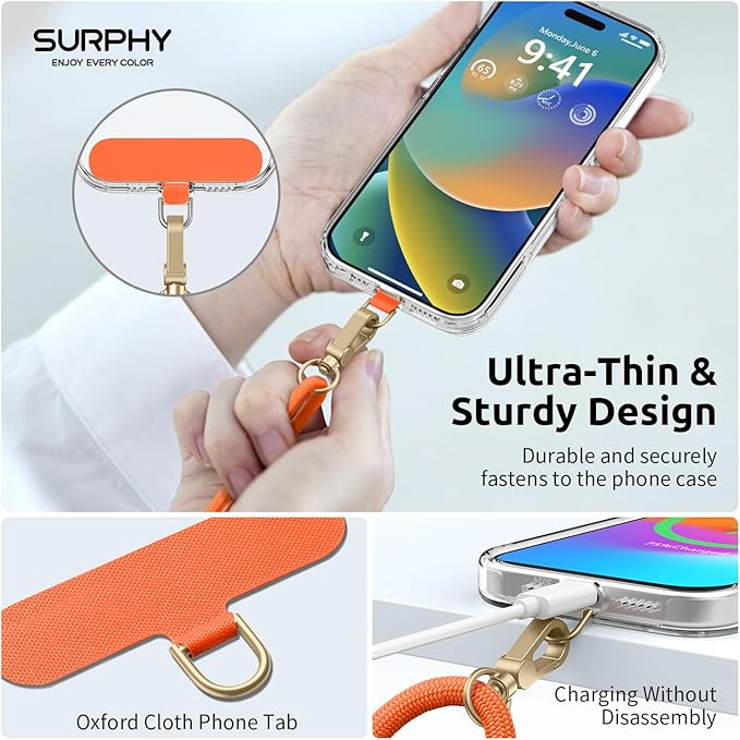 SURPHY Phone Lanyard, Adjustable Phone Strap Crossbody with 2 Pack Cell Phone Tether Tab, Premium Metal Buckles, Skin-Friendly, Universal Cell Phone Lanyard Crossbody for Women and Men, Orange