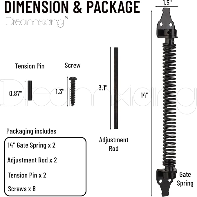 14" Gate Spring Self Closing Heavy Duty Outdoor Door Spring Automatic Fence Gate Closure Hardware Spring Loaded Gate Latch with Adjustable Tool for Wooden and Vinyl Fence, Black (2 Pack)