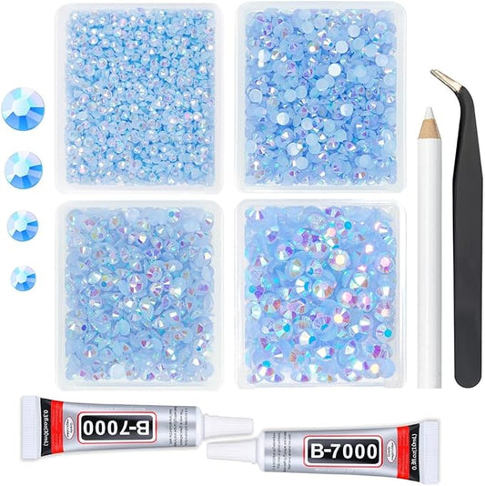 Light Blue AB Resin Rhinestones w B7000 Jewelry Glue for Bedazzling Crafting 3mm-6mm Flatback Jelly Stones Bulk SS10- SS30 Non-Hotfix Baby Blue Diamonds Gems for Nails Makeup Tumblers Crafts