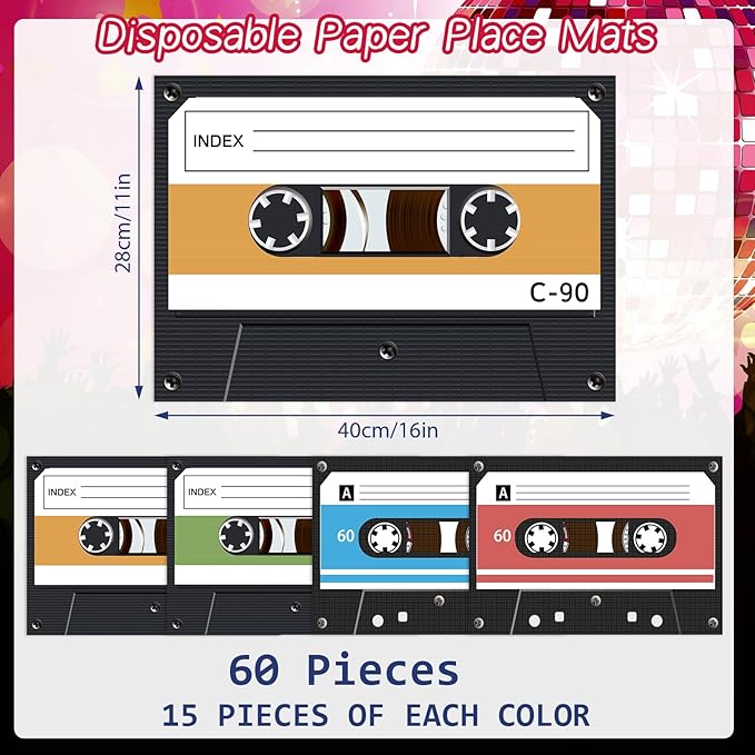 60 Pack Cassette Placemats Paper Placemats Disposable 16x 11 Inch 70s 80s 90s Cassette Hip Hop Paper Table Mats for Birthday Party Home Kitchen Table Decoration