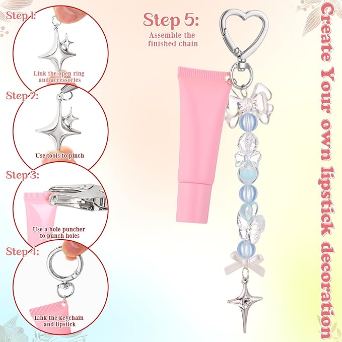 VioraWhite Lip Gloss Charm Kit Lip Gloss Keychain Making Kit Including Assorted Charms Keychain Clips Extender Chain(855 Pcs,Mixed Style)