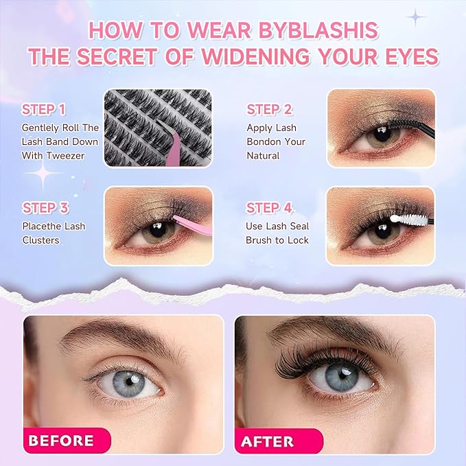 DIY Lash Extension Kit 240pcs Lash Clusters Eyelash Extension Kit, 8-16mm 40D+50D Individual Lashes Kit with Lash Bond and Seal, Lash Tweezers for Self Use (40D&50D, 0.07D, 8-16mm, Kit)