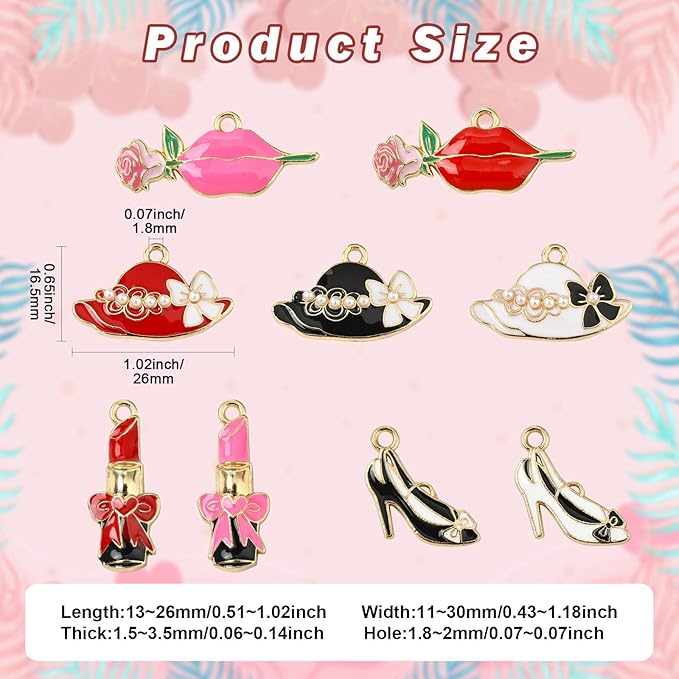 Stiesy 45 Pcs Lady Theme Alloy Enamel Charms Lip Hat High-heeled Shoes Lipstick Shape Dangle Charms Pendant for DIY Jewelry Making Necklace Bracelet keychain Crafts