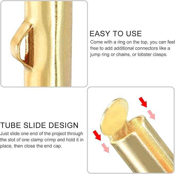 uxcell 100Pcs Slide on End Clasps, 20mm Tube Ball Bead Slider Crimp Ends for Multi-Strand DIY Craft Making, Light Golden