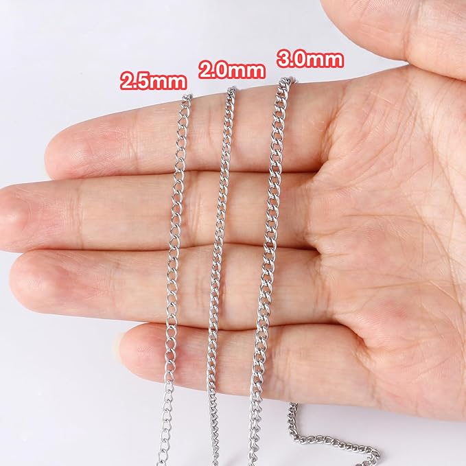 [66 Feet/ 20M] Stainless Steel Curb Chain Roll, 2.5mm 304 Stainless Steel Extension Chain Twisted Link Curb Chains Bulk for Jewelry Making Bracelet Necklace Extender