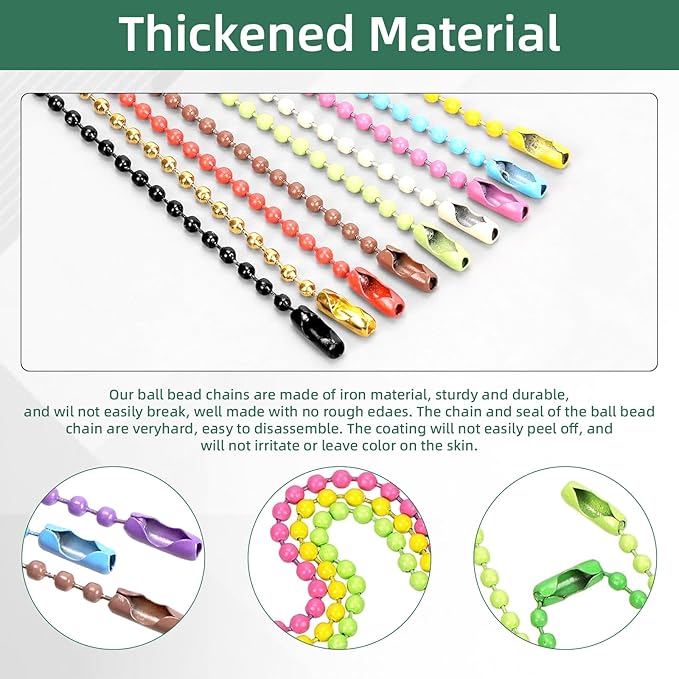 300Pcs 20 Colors Ball Bead Chain Ball Chain Keychain Dog Tag Necklace Chains Beaded Metal Keychain 2.4mm Beads Chains for Jewelry Making