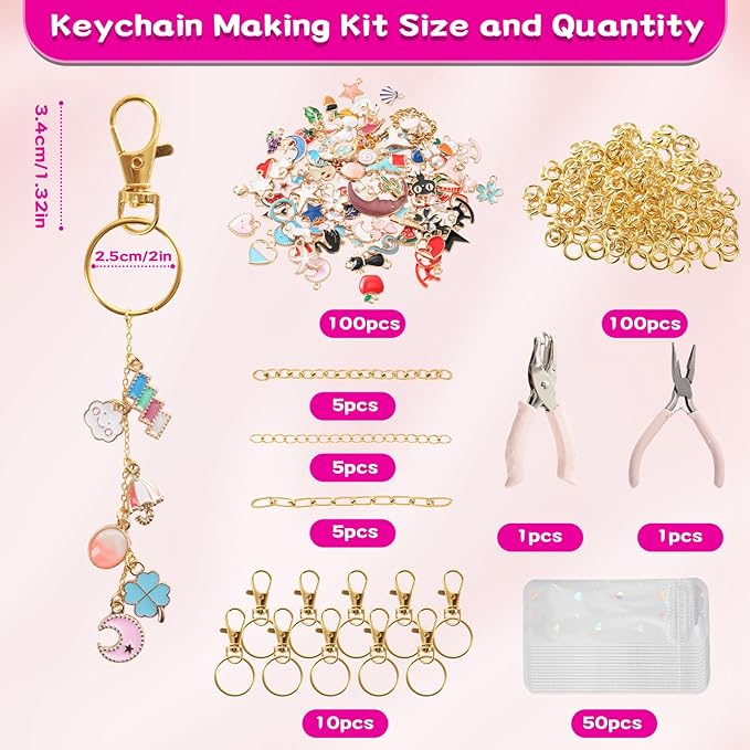 Sileasncei 277Pcs Charms Lip Gloss Keychain Making Kit, DIY Bag Charm Kit with 100 Enamel Charms, Keychain Clips, Chains, Jewelry Pliers, Hole Punch & Gift Bags for Custom Keychains Making Supplies