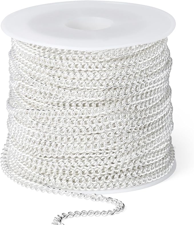 33 Feet Silver Curb Chains Bulk, 2mm Silver Plated 304 Stainless Steel Twisted Link Chains Roll Spool for Jewelry Making DIY Craft