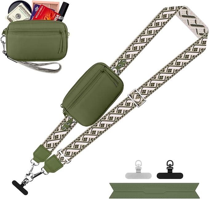 Clip and Go Strap for Phone with Wallet Crossbody, Adjustable Phone Lanyard with Detachable RFID Wristlet Wallet, Pattern Strap - Olive Green(M)